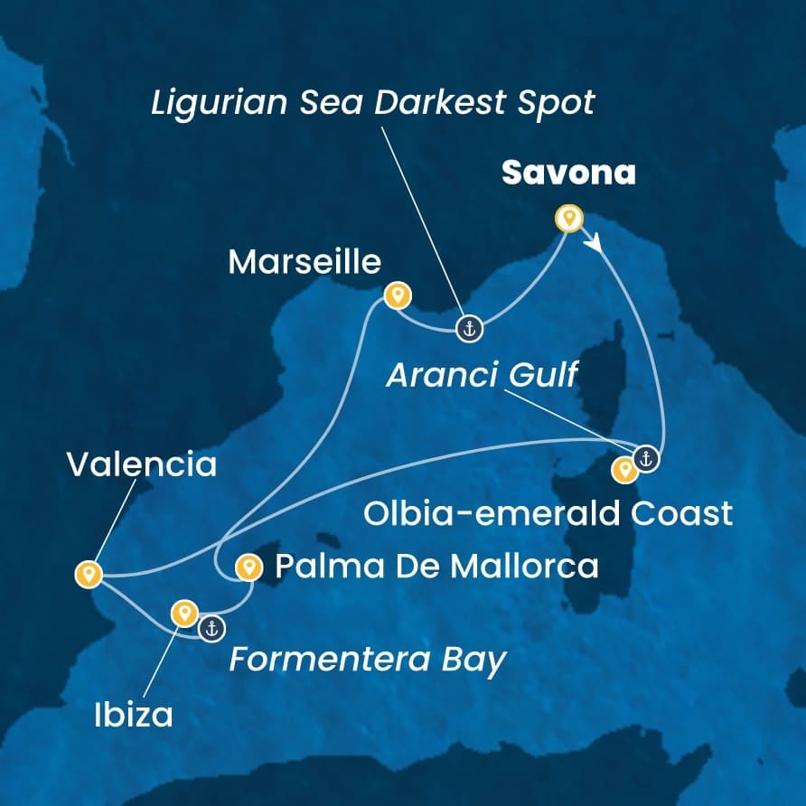Mapa Costa Fascinosa: Savona, Olbija, Valensija, Ibica, Palma de Majorka, Marsej i Savona