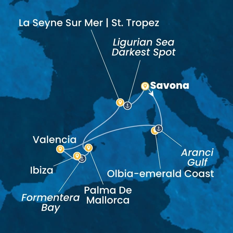 Mapa Costa Fascinosa: Savona, Olbija, Valensija, Ibica, Palma de Majorka, La Seyne i Savona