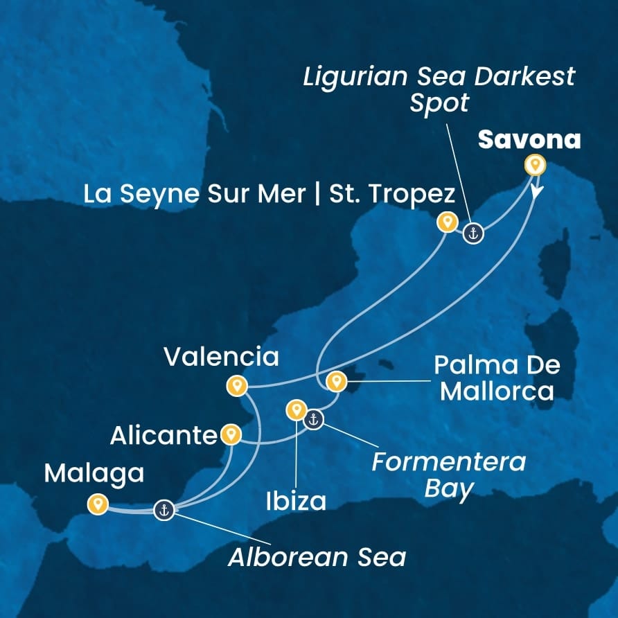 Mapa Costa Fascinosa: Savona, Valensija, Malaga, Alikante, Ibica, Palma de Majorka i La Seyne